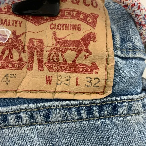 Levi's Distressed Blue Denim Jeans with Red Patch & Pink Drawstring - Picture 3 of 3